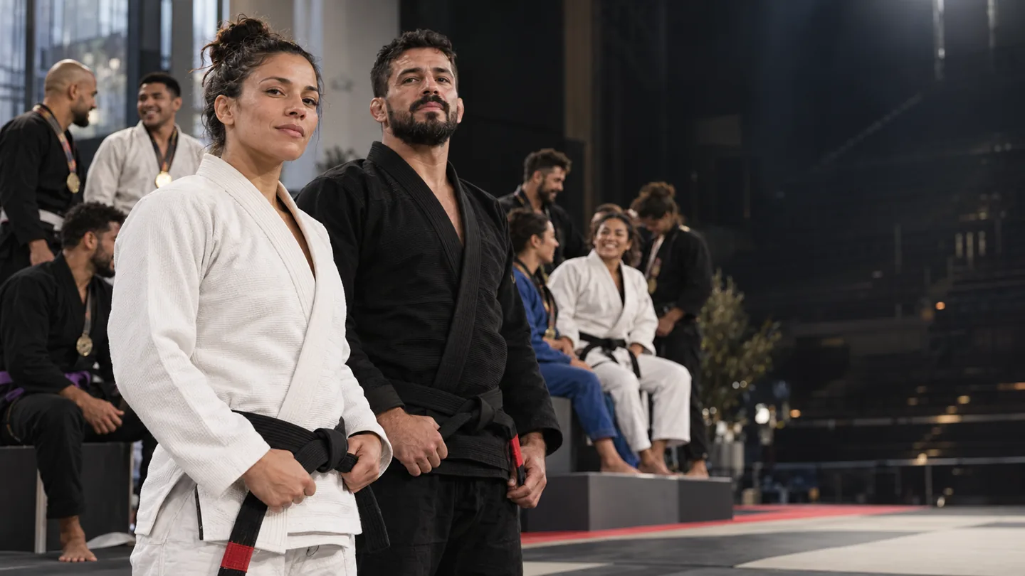 Adult athletes represent a jiu-jitsu federation community after an event